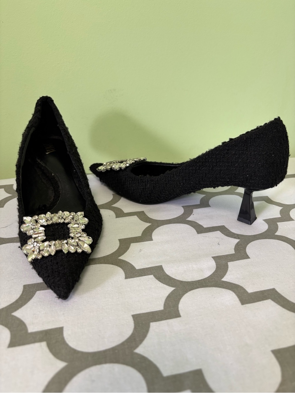 Zara Black Textured Crystal Embellished Buckle Pointed-Toe Pumps - Picture 6 of 13